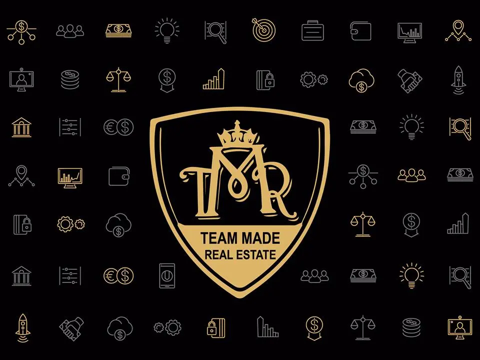 Team Made Real Estate shield surrounded by business and investment icons